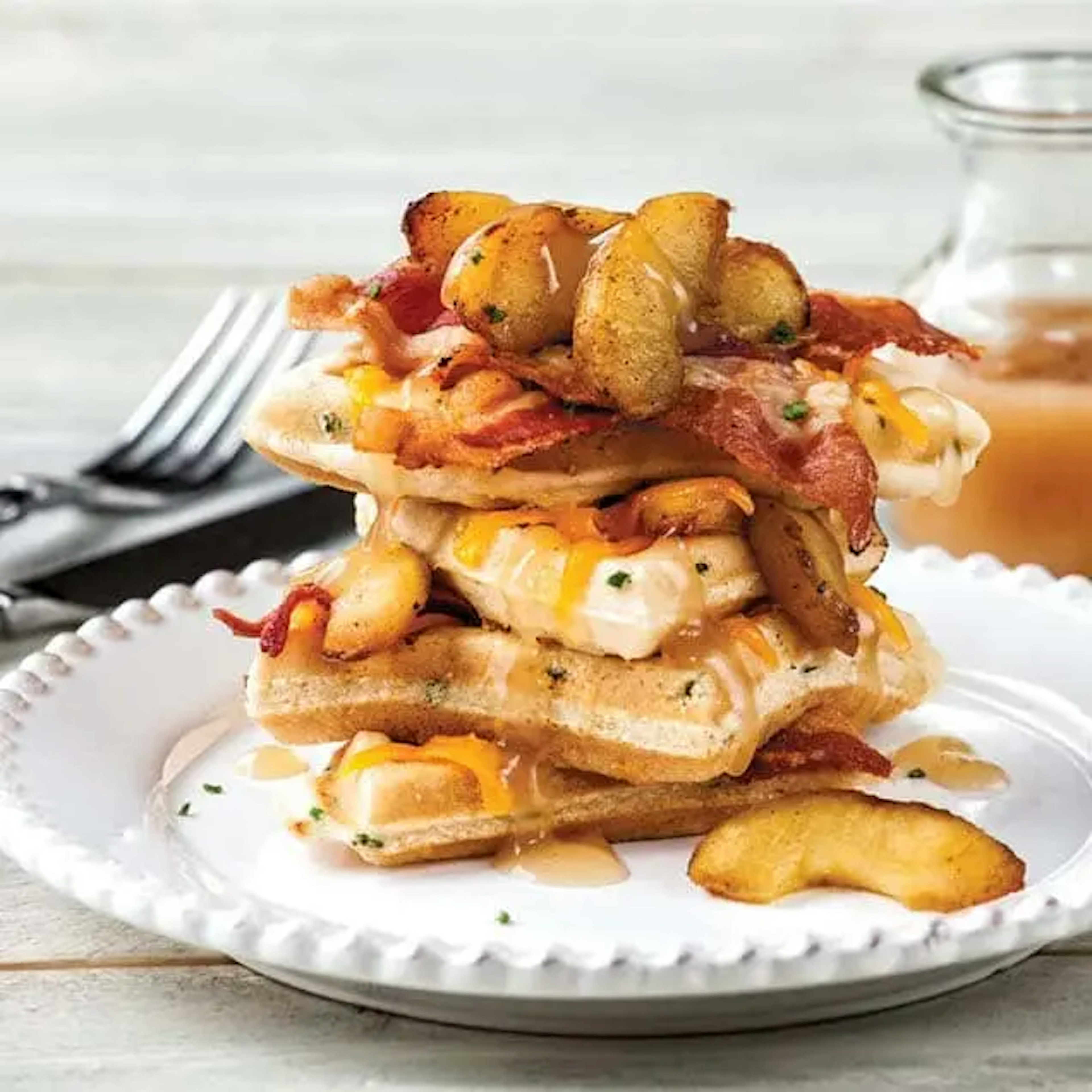 Cheddar-Chive Belgium Waffles with Roasted Fuji Apples