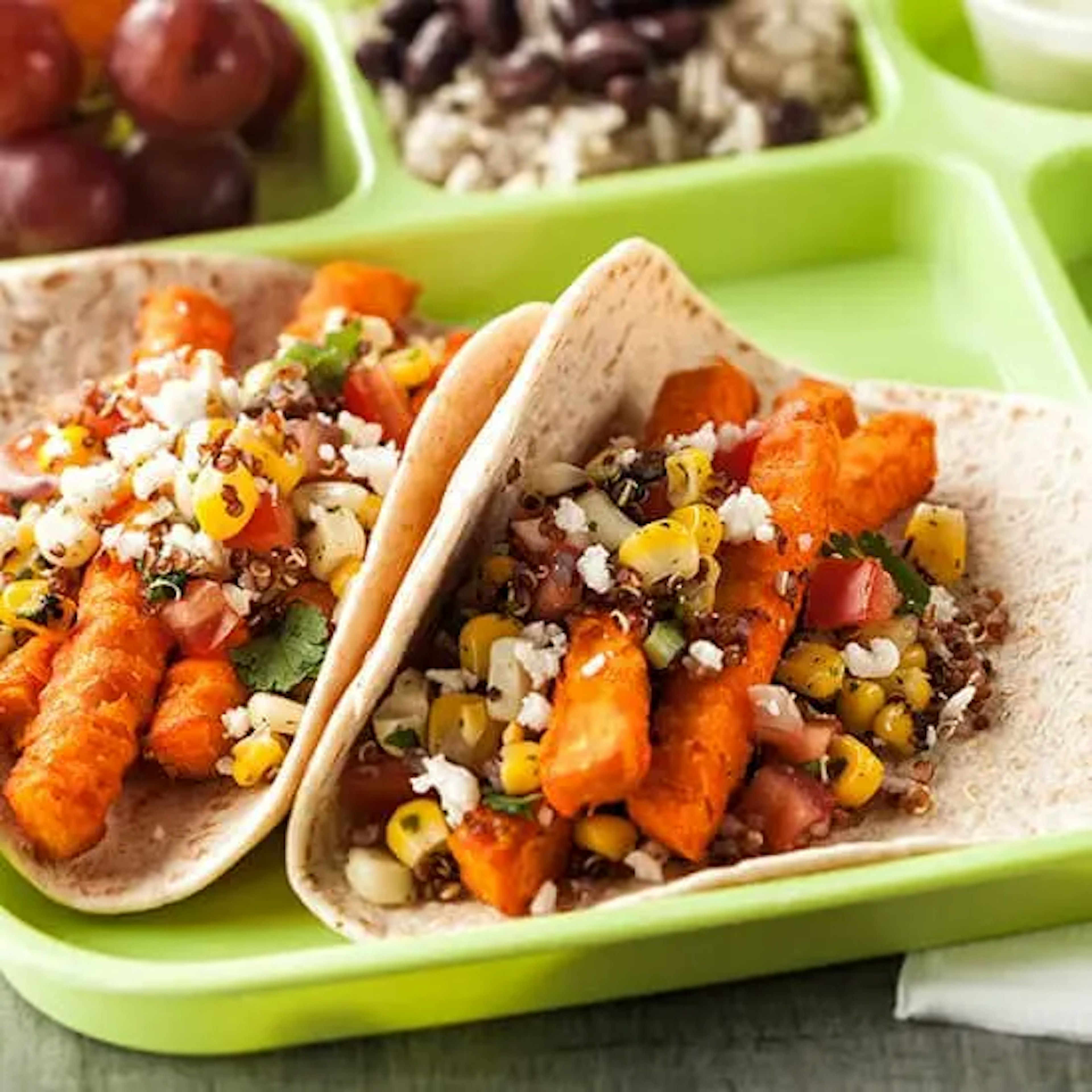 Street Sweet Potato Tacos with Jalapeño Corn-Quinoa Pico, Guacamole Ranch